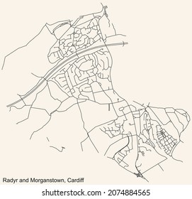 Detailed navigation urban street roads map on vintage beige background of the quarter Radyr and Morganstown community of the Welsh capital city of Cardiff, United Kingdom