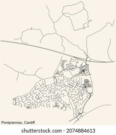 Detailed navigation urban street roads map on vintage beige background of the quarter Pontprennau electoral ward of the Welsh capital city of Cardiff, United Kingdom