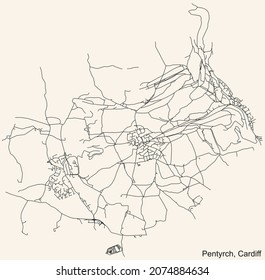 Detailed navigation urban street roads map on vintage beige background of the quarter Pentyrch electoral ward of the Welsh capital city of Cardiff, United Kingdom