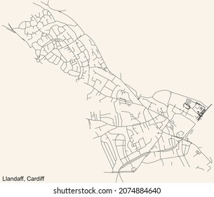 Detailed navigation urban street roads map on vintage beige background of the quarter Llandaff electoral ward of the Welsh capital city of Cardiff, United Kingdom