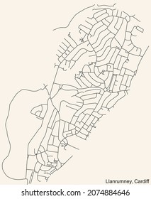 Detailed navigation urban street roads map on vintage beige background of the quarter Llanrumney electoral ward of the Welsh capital city of Cardiff, United Kingdom