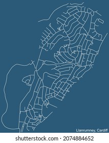Detailed navigation urban street roads map on blue technical drawing background of the quarter Llanrumney electoral ward of the Welsh capital city of Cardiff, United Kingdom