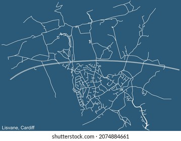 Detailed navigation urban street roads map on blue technical drawing background of the quarter Lisvane electoral ward of the Welsh capital city of Cardiff, United Kingdom