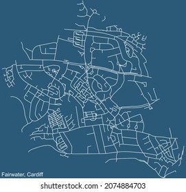 Detailed navigation urban street roads map on blue technical drawing background of the quarter Fairwater electoral ward of the Welsh capital city of Cardiff, United Kingdom