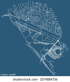 Detailed navigation urban street roads map on blue technical drawing background of the quarter Canton electoral ward of the Welsh capital city of Cardiff, United Kingdom