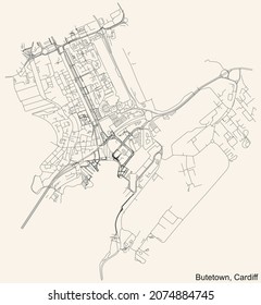 Detailed navigation urban street roads map on vintage beige background of the quarter Butetown electoral ward of the Welsh capital city of Cardiff, United Kingdom