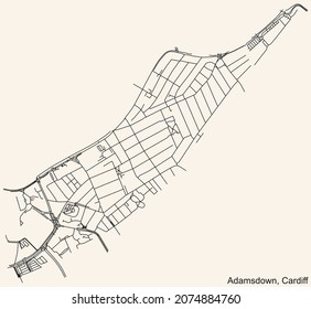 Mapa detallado de la navegación por las calles urbanas sobre el fondo beige vintage del barrio de Adamsdown, distrito electoral de la capital galesa, Cardiff, Reino Unido