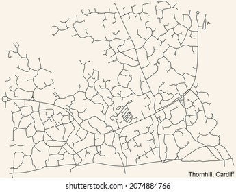 Detailed navigation urban street roads map on vintage beige background of the quarter Thornhill community of the Welsh capital city of Cardiff, United Kingdom