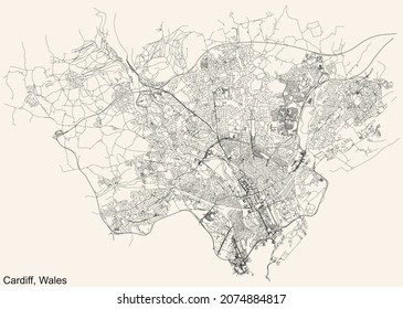 Detailed navigation urban street roads map on vintage beige background of the Welsh capital city of Cardiff, United Kingdom