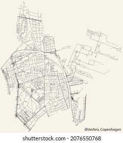 Detailed navigation urban street roads map on vintage beige background of the quarter Østerbro District of the Danish capital city of Copenhagen Municipality, Denmark