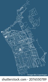 Detailed navigation urban street roads map on vintage beige background of the quarter Amager Øst District of the Danish capital city of Copenhagen Municipality, Denmark