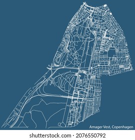 Detailed navigation urban street roads map on vintage beige background of the quarter Amager Vest District of the Danish capital city of Copenhagen Municipality, Denmark