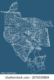 Detailed navigation urban street roads map on vintage beige background of the quarter Valby District of the Danish capital city of Copenhagen Municipality, Denmark