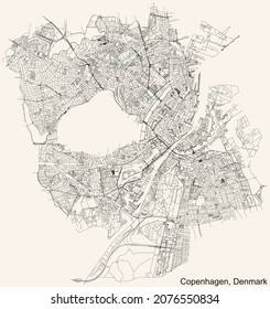 Detailed navigation urban street roads map on vintage beige background of the Danish capital city of Copenhagen Municipality, Denmark