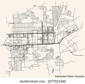 Detailed navigation urban street roads map on vintage beige background of the quarter Kalininskyi District of the Ukrainian regional capital city of Donetsk, Ukraine