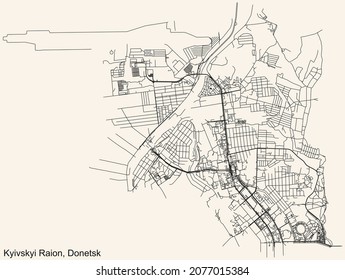 Detailed navigation urban street roads map on vintage beige background of the quarter Kyivskyi District of the Ukrainian regional capital city of Donetsk, Ukraine