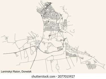 Detailed navigation urban street roads map on vintage beige background of the quarter Leninskyi District of the Ukrainian regional capital city of Donetsk, Ukraine