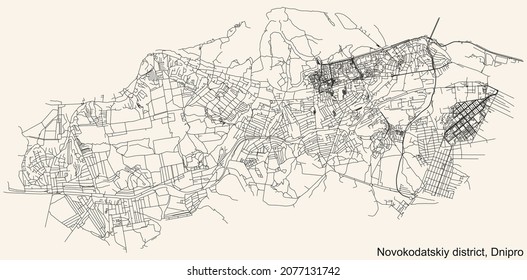 Detailed navigation urban street roads map on vintage beige background of the quarter Novokodatskyi District of the Ukrainian regional capital city of Dnipro (Dnepropetrovsk), Ukraine