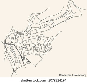 Detailed navigation urban street roads map on vintage beige background of the district Bonnevoie Quarter of the Luxembourgish capital city of Luxembourg City, Luxembourg