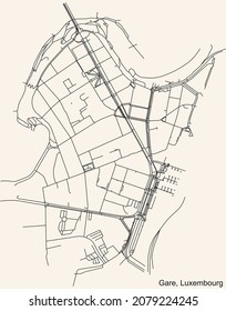 Mapa detallado de la navegación por las calles urbanas sobre el fondo beige vintage del barrio Gare Quarter de la capital luxemburguesa de la ciudad de Luxemburgo, Luxemburgo