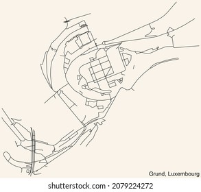 Detaillierte Straßenkarte für die Navigation auf den Straßen auf beigem Hintergrund des Vintage-Viertels Grund Quarter der luxemburgischen Hauptstadt Luxemburg-Stadt, Luxemburg