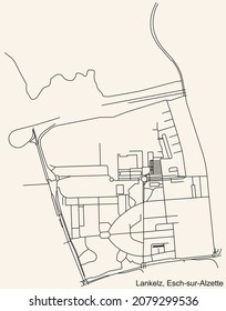 Detailed navigation urban street roads map on vintage beige background of the district Lankelz Quarter of the Luxembourgish regional capital city of Esch-sur-Alzette, Luxembourg