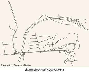 Detailed navigation urban street roads map on vintage beige background of the district Raemerich Quarter of the Luxembourgish regional capital city of Esch-sur-Alzette, Luxembourg