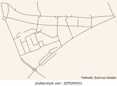 Detailed navigation urban street roads map on vintage beige background of the district Fettmeth Quarter of the Luxembourgish regional capital city of Esch-sur-Alzette, Luxembourg