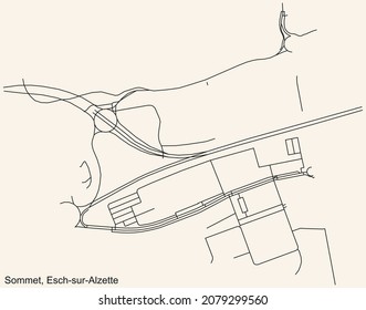 Detailed navigation urban street roads map on vintage beige background of the district Sommet Quarter of the Luxembourgish regional capital city of Esch-sur-Alzette, Luxembourg