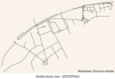 Detailed navigation urban street roads map on vintage beige background of the district Wobrécken Quarter of the Luxembourgish regional capital city of Esch-sur-Alzette, Luxembourg