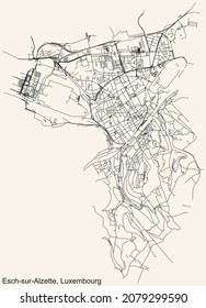 Detailed navigation urban street roads map on vintage beige background of the Luxembourgish regional capital city of Esch-sur-Alzette, Luxembourg