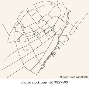 Detailed navigation urban street roads map on vintage beige background of the district Al Esch Quarter of the Luxembourgish regional capital city of Esch-sur-Alzette, Luxembourg