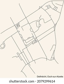 Detailed navigation urban street roads map on vintage beige background of the district Dellhéicht Quarter of the Luxembourgish regional capital city of Esch-sur-Alzette, Luxembourg