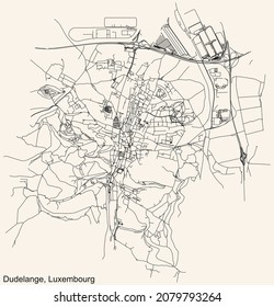 Detailed navigation urban street roads map on vintage beige background of the Luxembourgish regional capital city of Dudelange, Luxembourg