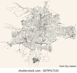 Detaillierte Stadtstraßen-Karte auf beigem Hintergrund der irischen Hauptstadt Cork City, Irland