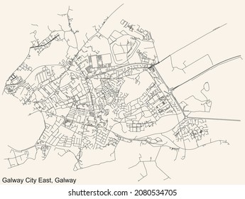 Detailed navigation urban street roads map on vintage beige background of the district Galway City East Electoral Area of the Irish regional capital city of Galway City, Ireland