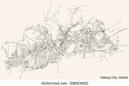 Detailed navigation urban street roads map on vintage beige background of the Irish regional capital city of Galway City, Ireland