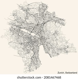 Detaillierte Straßenkarte für die Navigation auf den urbanen Straßen auf beigem Hintergrund der Schweizer Landeshauptstadt Zürich, Schweiz