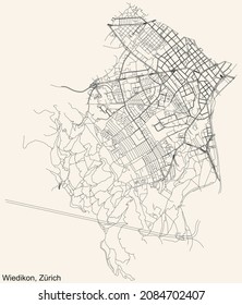 Mapa detallado de la navegación por las calles urbanas sobre el fondo beige vintage del barrio Kreis 3 Wiedikon del distrito suizo de la capital regional de Zúrich, Suiza