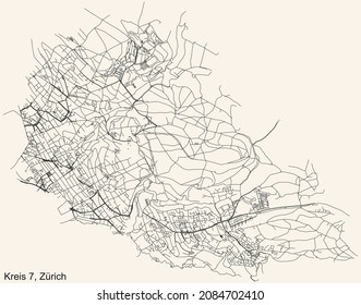 Mapa detallado de las carreteras urbanas de navegación en el fondo beige vintage del barrio Kreis 7 Distrito de la capital regional suiza de Zúrich, Suiza