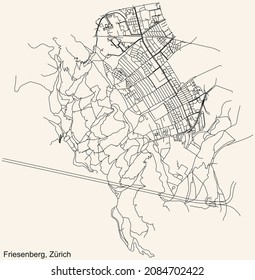 Detailed navigation urban street roads map on vintage beige background of the district Friesenberg Quarter of the Swiss regional capital city of Zurich, Switzerland