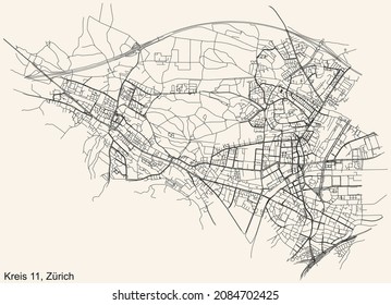 Mapa detallado de las carreteras urbanas de navegación en el fondo beige vintage del barrio Kreis 11 Distrito de la capital regional suiza de Zúrich, Suiza