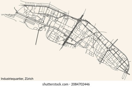 Mapa detallado de las carreteras urbanas de navegación en el fondo de color beige vintage del barrio de Kreis 5 Industriequartier de la capital regional suiza de Zúrich (Suiza)