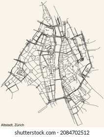 Mapa detallado de la navegación por las calles urbanas sobre el fondo beige vintage del barrio Kreis 1 del distrito Altstadt de la capital suiza de Zúrich, Suiza