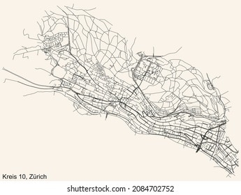 Mapa detallado de las carreteras urbanas de navegación en el fondo beige vintage del barrio Kreis 10 Distrito de la capital regional suiza de Zúrich, Suiza