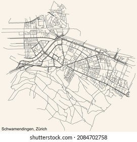 Mapa detallado de la navegación por las calles urbanas sobre el fondo beige vintage del barrio Kreis 12 Schwmodiingen del distrito de la capital regional suiza de Zúrich, Suiza