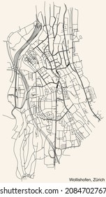 Detailed navigation urban street roads map on vintage beige background of the district Wollishofen Quarter of the Swiss regional capital city of Zurich, Switzerland