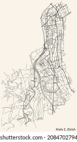 Mapa detallado de la navegación por las calles urbanas sobre el fondo beige vintage del barrio Kreis 2 Distrito de la capital regional suiza de Zúrich, Suiza