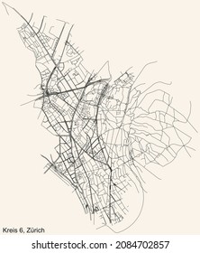 Mapa detallado de la navegación por las calles urbanas sobre el fondo beige vintage del barrio Kreis 6 Distrito de la capital regional suiza de Zúrich, Suiza