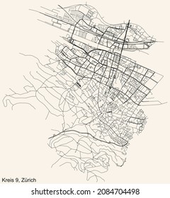 Mapa detallado de la navegación por las calles urbanas sobre el fondo beige vintage del barrio Kreis 9 Distrito de la capital regional suiza de Zúrich, Suiza